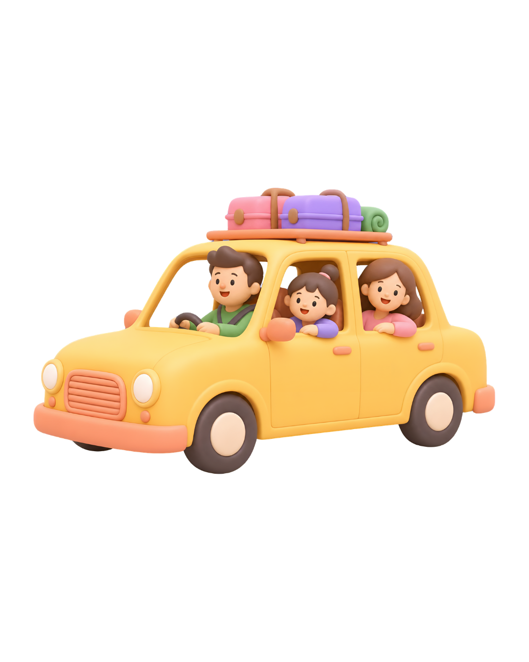 Family in a yellow car heading out on a trip